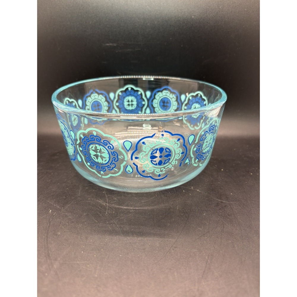 Pyrex Clear Glass Blue Decal Flowers Bowl Container